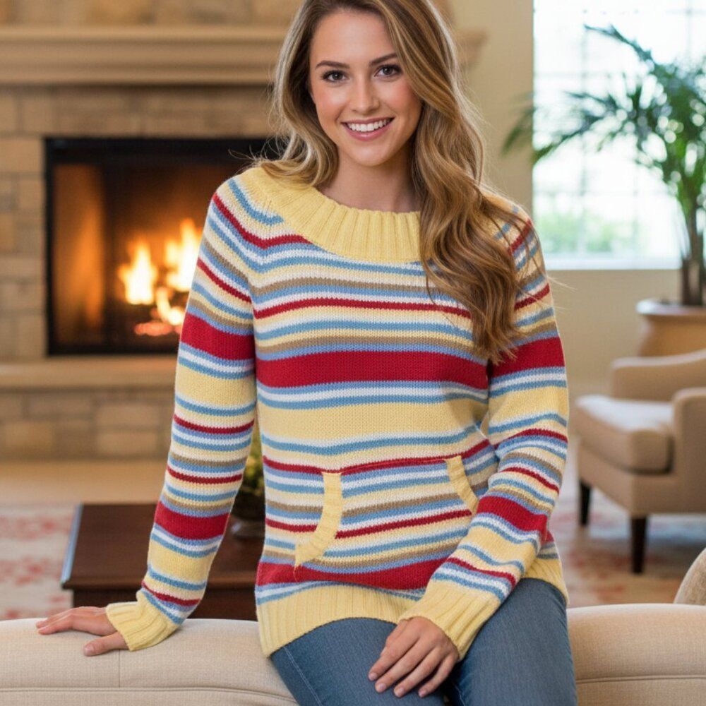 DeRotchild Yellow White Striped Scoop Neck Knit Sweater Pocket Size Medium